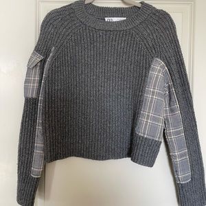Gray knit Zara sweater with plaid paneling